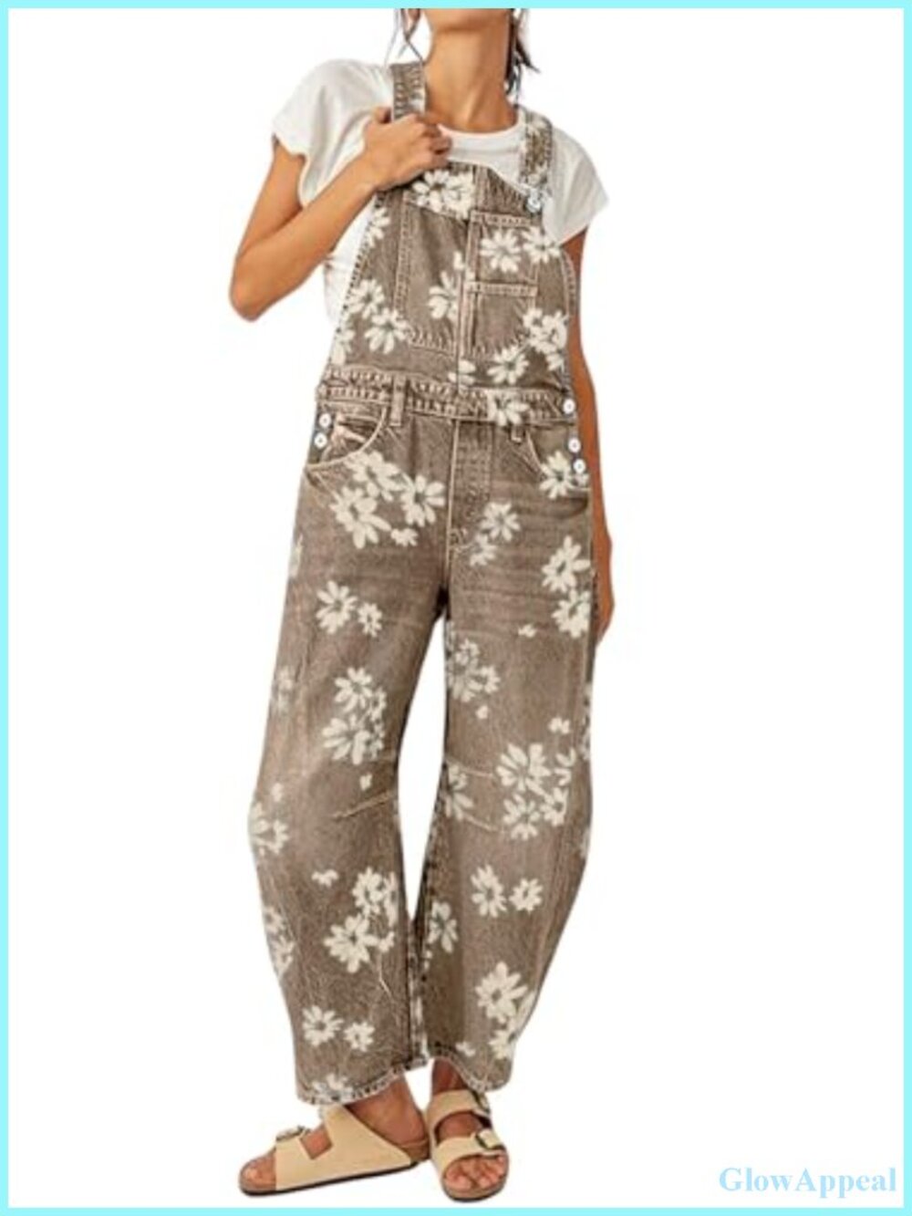 Women Floral Print Denim Overalls Baggy Barrel Wide Leg Y2K Adjustable Straps